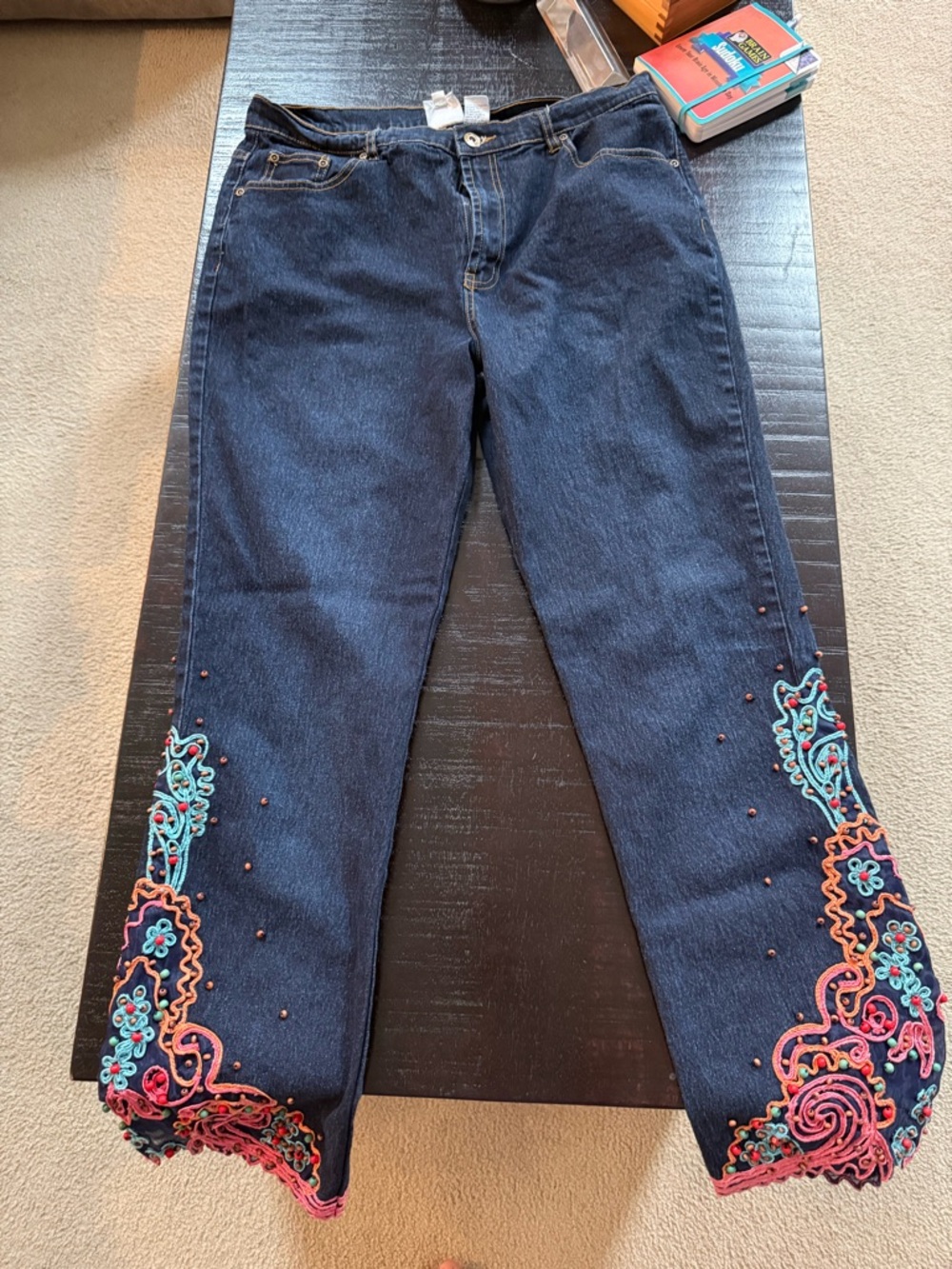 DG2 by Diane Gilman Dark Blue Wide-Leg Jeans with Multicolor Embroidered Hem